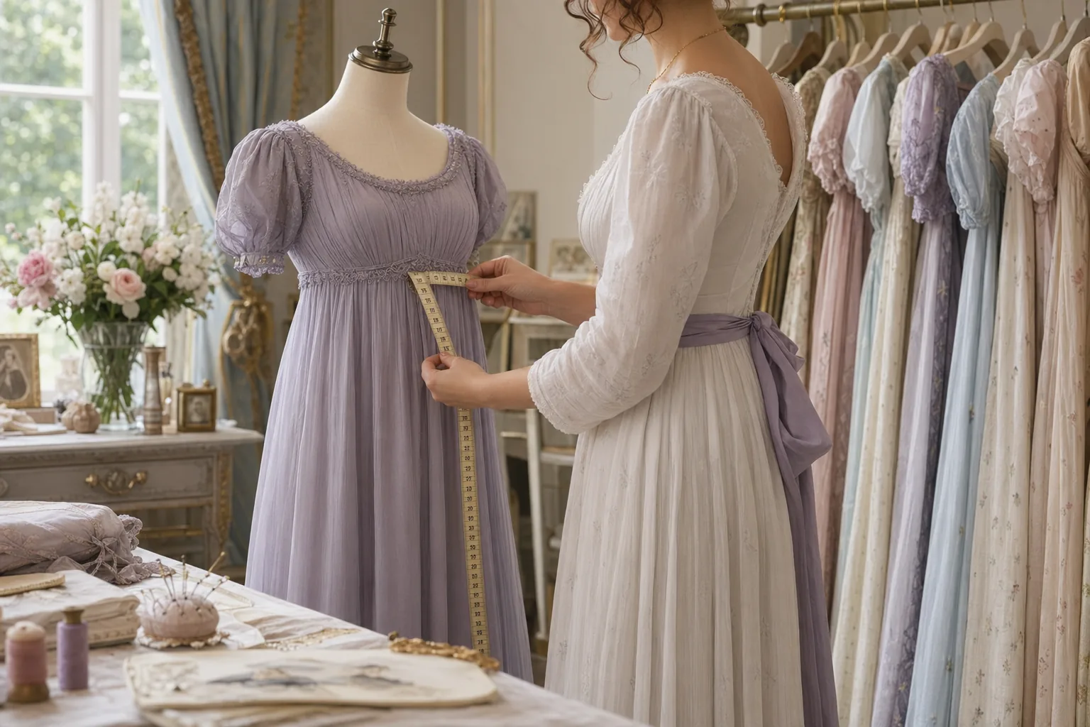 Bridgerton-inspired dresses and tailoring tools in a soft-lit fitting area
