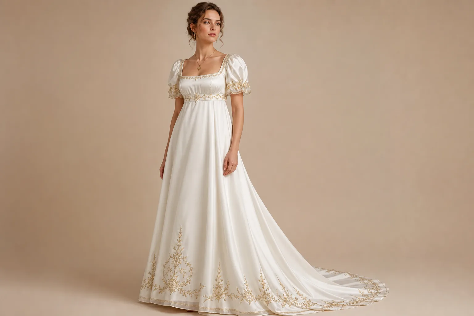 Ivory satin empire wedding dress with gold embroidery