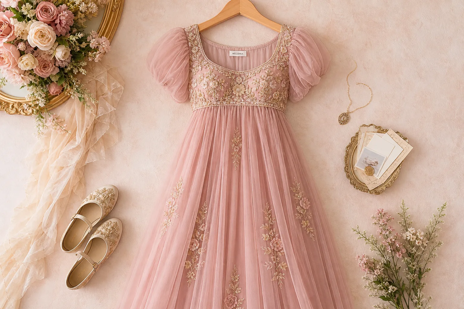 Blush empire waist dress with embroidered bodice and puff sleeves