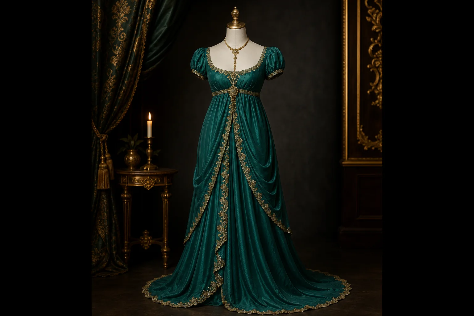 Teal jewel-tone empire evening gown with gold trim