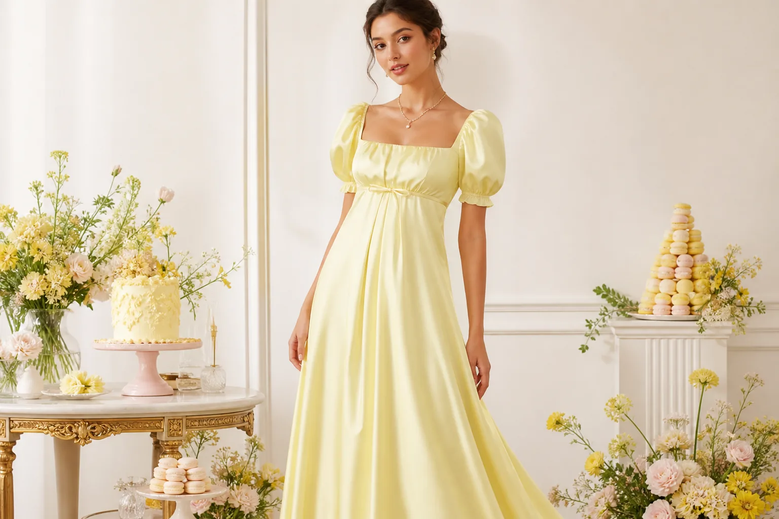 Lemon yellow empire waist dress with puff sleeves