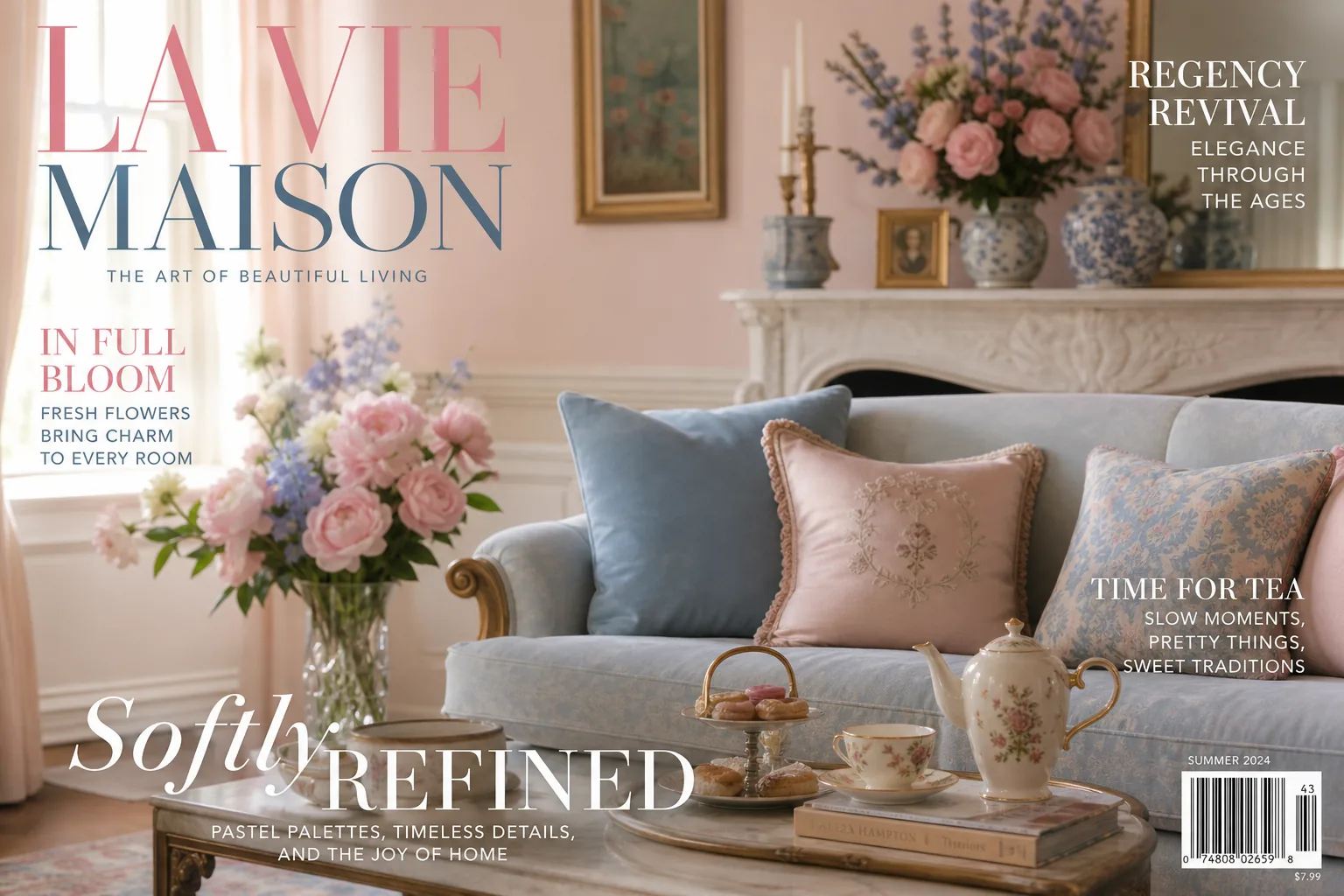 Pastel Regencycore living space with flowers and soft furnishings